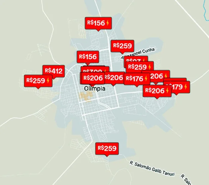 Pela Estância de Olímpia, há uma gama de preços ofertados no Airbnb