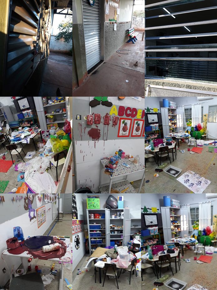 Vândalos destroem instalações, equipamentos e até trabalhos de crianças de creche
