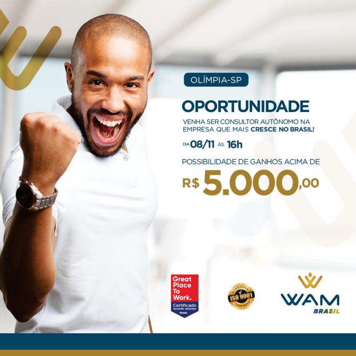 É hoje! WAM abre 45 vagas para consultores autônomos. Comparecer às 16h
