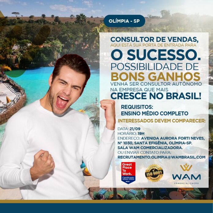Hoje é o último dia! WAM abre vagas para Consultor de Vendas