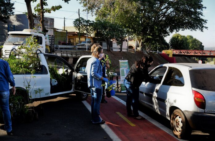 Drive-Thru ecológico recolhe 150 quilos de resíduos eletrônicos e doa 170 mudas