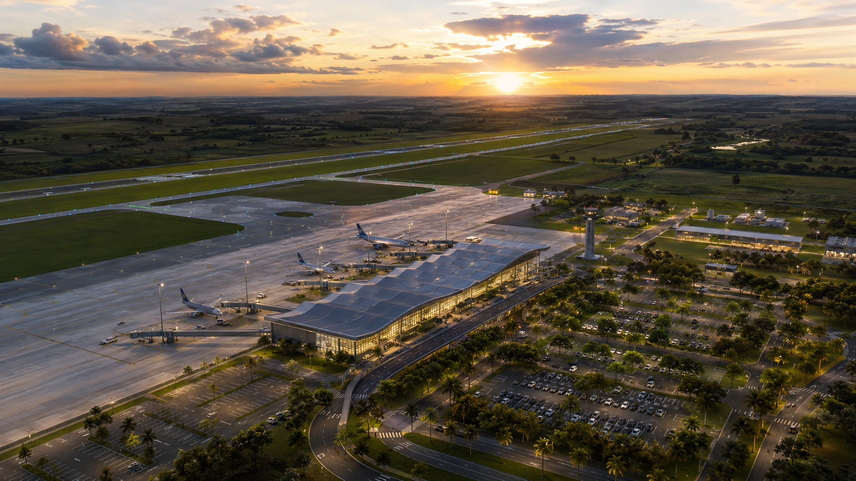 Simulação do projeto do Aeroporto Internacional de Olímpia, com terminal de passageiros, aviões nos portões de embarque e pista de pouso