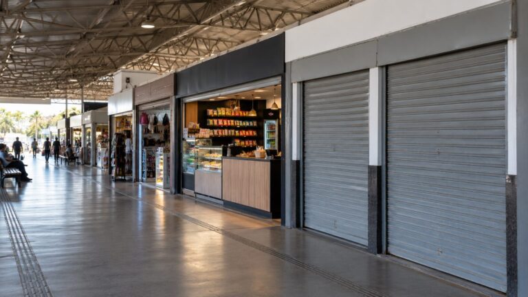 Boxes comerciais da Rodoviária Paschoal Lamana, em Olímpia, com lojas abertas e dois boxes de portas fechadas