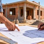 Dois homens analisam a planta de uma casa em construção, com capacete e régua sobre a mesa; imagem ilustrativa gerada por IA