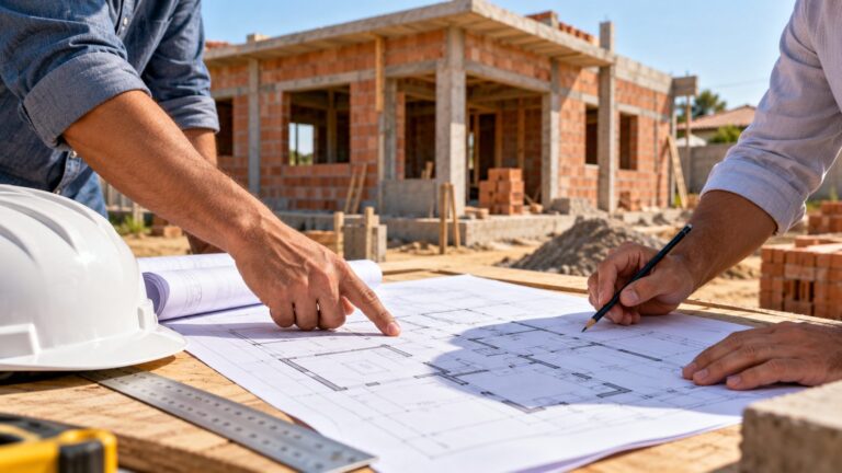 Dois homens analisam a planta de uma casa em construção, com capacete e régua sobre a mesa; imagem ilustrativa gerada por IA
