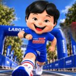 Personagem de desenho animado de camisa azul da Corrida Viva + Iquegami corre na largada, cercado de bandeiras e grades azuis do evento