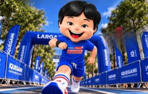 Personagem de desenho animado de camisa azul da Corrida Viva + Iquegami corre na largada, cercado de bandeiras e grades azuis do evento