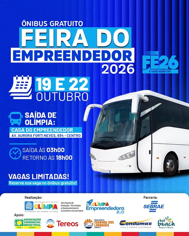 Anúncio: Feira do Empreendedor 2026, ônibus gratuito, 19 e 22 de outubro