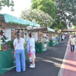 Barracas de feirantes com verduras e legumes e clientes conversando em rua com árvores, na Feira Livre da Avenida dos Olimpienses, em Olímpia