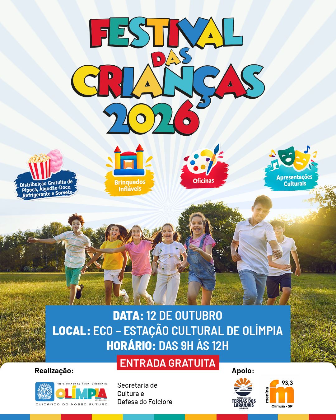 Cartaz do Festival das Crianças 2026, em Olímpia, com a programação do dia 12 de outubro, na ECO, das 9h às 12h, e entrada gratuita