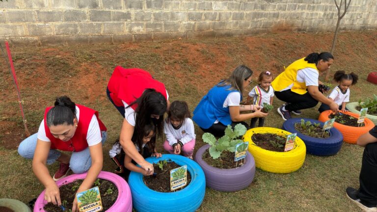 Professoras e crianças plantam mudas em pneus pintados de cores diferentes, usados como canteiros na horta da escola