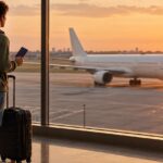 Estudante com mochila, mala e passaporte observa avião pela janela do aeroporto ao pôr do sol