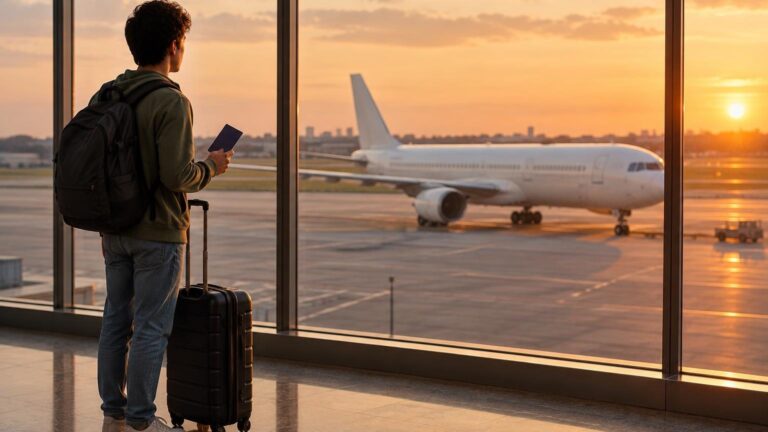 Estudante com mochila, mala e passaporte observa avião pela janela do aeroporto ao pôr do sol