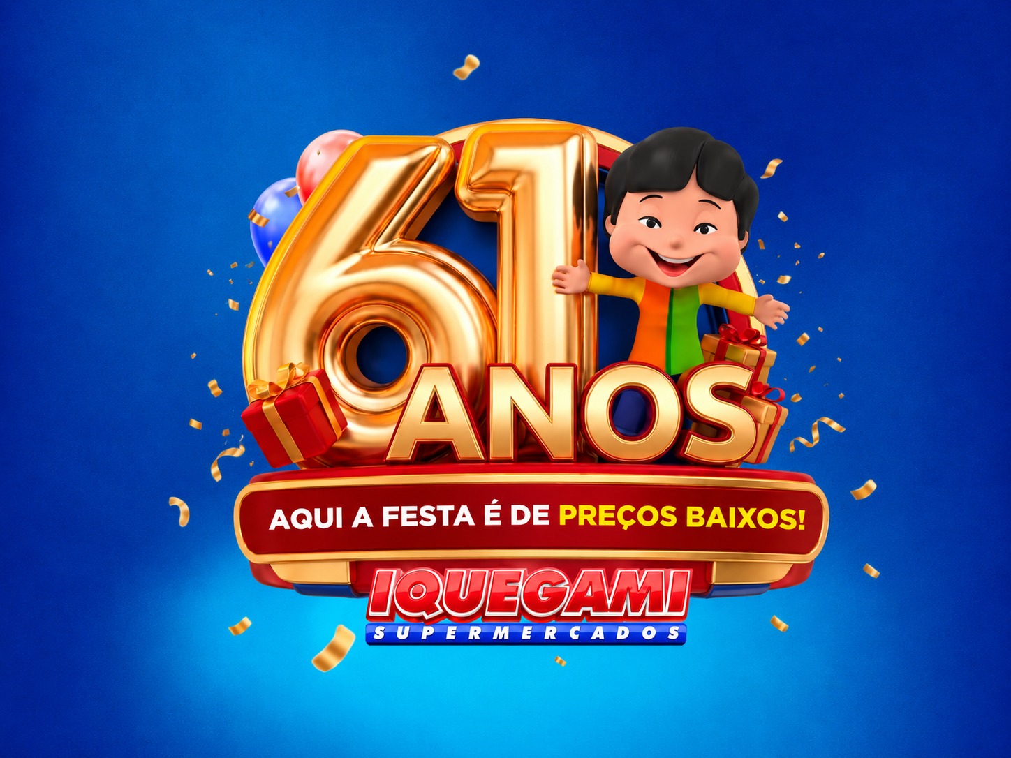 Logo da campanha de 61 anos do Iquegami Supermercados, com o personagem Japonesinho e o lema Aqui a festa é de preços baixos