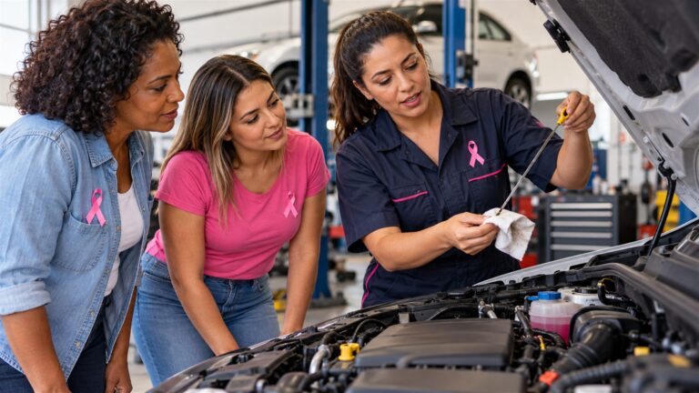 Instrutora mostra a vareta de óleo a duas mulheres diante do motor aberto de um carro, em uma oficina; as três usam o laço rosa do Outubro Rosa