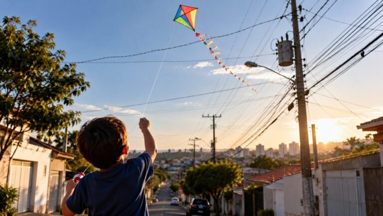 Criança de costas empina pipa colorida em rua de bairro, com fios e poste de energia à direita e pôr do sol ao fundo