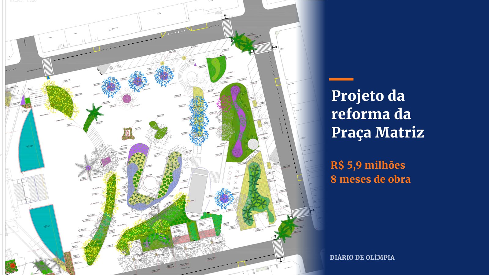 Planta colorida do projeto de paisagismo da reforma das pracas Matriz e Rui Barbosa, em Olimpia, ao lado do texto Projeto da reforma da Praca Matriz