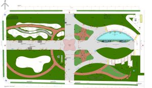 Planta da Praça do Folclore, projeto da Prefeitura de Olímpia, com lago, alameda das palmeiras, pátio central, jardins e tanque de areia