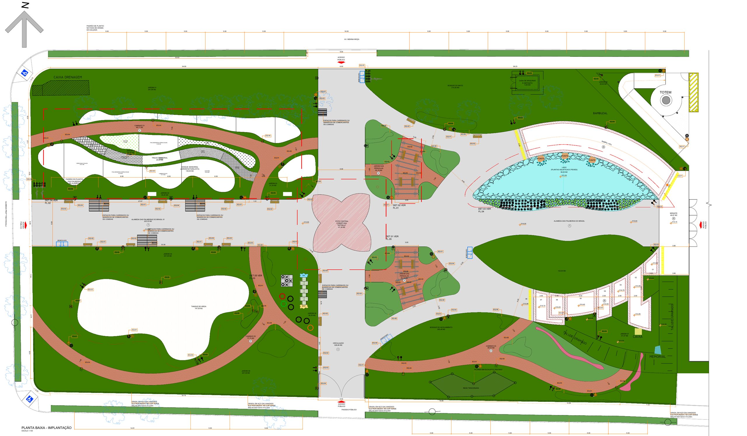 Planta da Praça do Folclore, projeto da Prefeitura de Olímpia, com lago, alameda das palmeiras, pátio central, jardins e tanque de areia