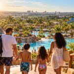 Ilustração gerada por inteligência artificial de uma família caminhando em direção a um parque aquático ensolarado em Olímpia, com piscinas, cachoeiras, toboáguas e coqueiros