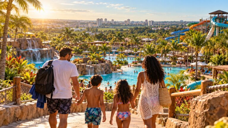 Ilustração gerada por inteligência artificial de uma família caminhando em direção a um parque aquático ensolarado em Olímpia, com piscinas, cachoeiras, toboáguas e coqueiros