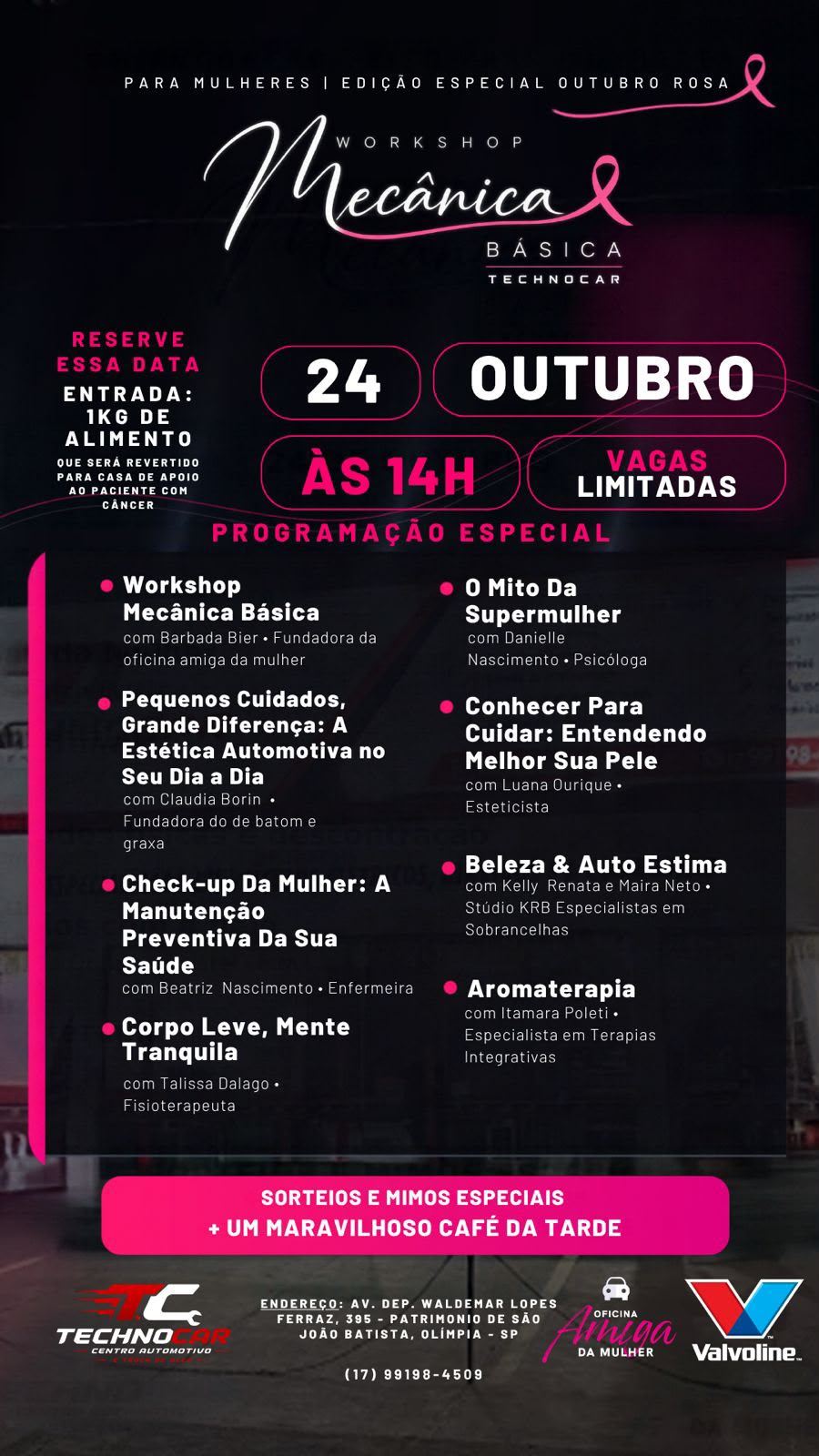 Cartaz do 1º Workshop de Mecânica Básica para Mulheres, edição especial do Outubro Rosa, dia 24 de outubro, às 14h, com a programação de palestras e vagas limitadas